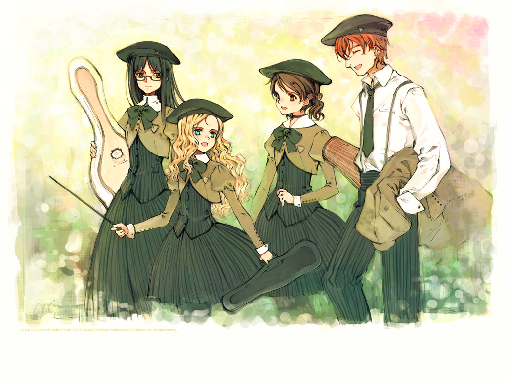 1boy 3girls band beret black_hair blonde_hair blue_eyes bow bow_(instrument) brown_eyes brown_hair charlotte_francia choker closed_eyes cropped_jacket dress glasses hair_ribbon hat instrument_case jacket juni_argiano laughing li_shuhua littlewitch long_hair long_sleeves looking_back multiple_girls musician necktie ooyari_ashito phill_junhers quartett! ribbon shirt short_hair suspenders uniform vertical_stripes very_long_hair vest walking wavy_hair