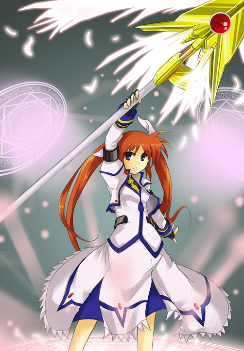 1girl brown_hair fingerless_gloves gloves jacket lyrical_nanoha magazine_(weapon) magic magic_circle magical_girl mahou_shoujo_lyrical_nanoha mahou_shoujo_lyrical_nanoha_strikers mukunoki_nanatsu open_clothes open_jacket raising_heart redhead solo takamachi_nanoha twintails violet_eyes wings