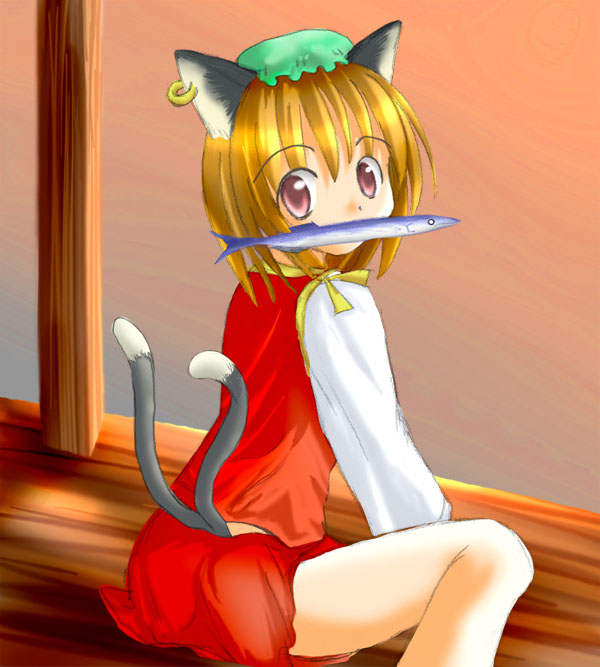 1girl animal_ears ass brown_hair cat_ears cat_tail chen des earrings female fish hat jewelry mouth_hold multiple_tails outdoors short_hair solo tail touhou