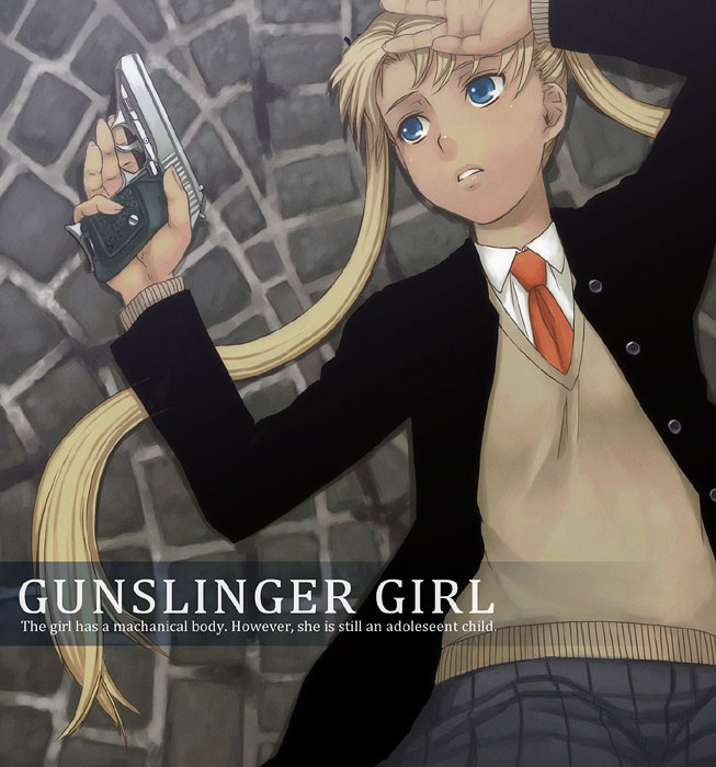 00s 1girl blonde_hair gun gunslinger_girl handgun itou_(onsoku_tassha) lying on_back onnsoku pistol solo triela weapon