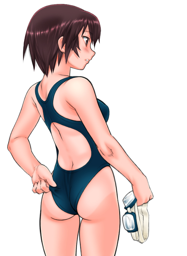 1girl adjusting_clothes adjusting_swimsuit ass azumanga_daioh competition_swimsuit goggles goggles_removed kagura kagura_(azumanga_daiou) one-piece_swimsuit one-piece_tan simple_background solo swim_cap swimsuit tan tanline white_background