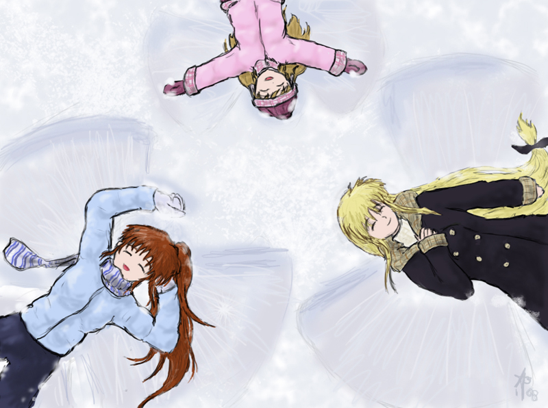 3girls blonde_hair fate_testarossa lying lyrical_nanoha mahou_shoujo_lyrical_nanoha mahou_shoujo_lyrical_nanoha_strikers multiple_girls side_ponytail snow snow_angel takamachi_nanoha vivio