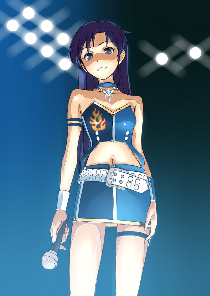 bad_id bare_shoulders belt black_hair blue_eyes blue_hair choker cool_&amp;_sexy_(idolmaster) idolmaster kisaragi_chihaya long_hair microphone midriff sanhon