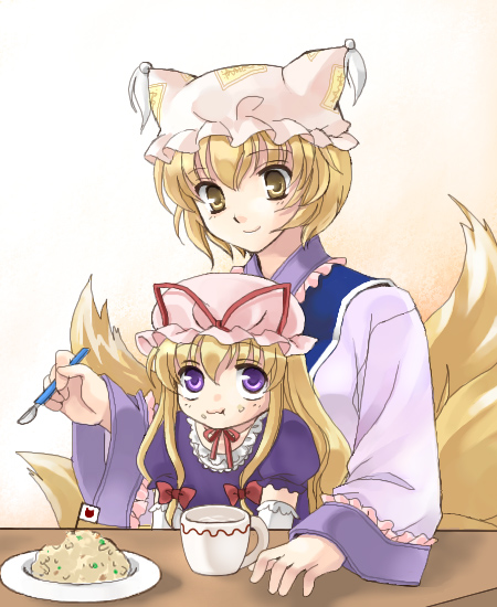 2girls blonde_hair coco_(artist) cup eating female food food_on_face fox_tail frills hat hat_ribbon height_difference long_hair long_sleeves looking_at_viewer mob_cap multiple_girls multiple_tails pillow_hat ribbon short_hair short_sleeves tabard table tail tassel time_paradox touhou up wide_sleeves yakumo_ran yakumo_yukari younger