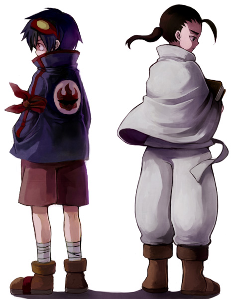 2boys ahoge black_hair book full_body male_focus multiple_boys pants ponytail rossiu shawl shoes shorts simon tengen_toppa_gurren_lagann white_background yonko