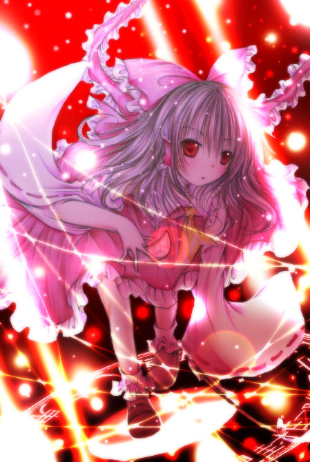 1girl bow dress female frills hakurei_reimu kasuga_sunao long_hair ornament pink_dress red_eyes shoes solo touhou