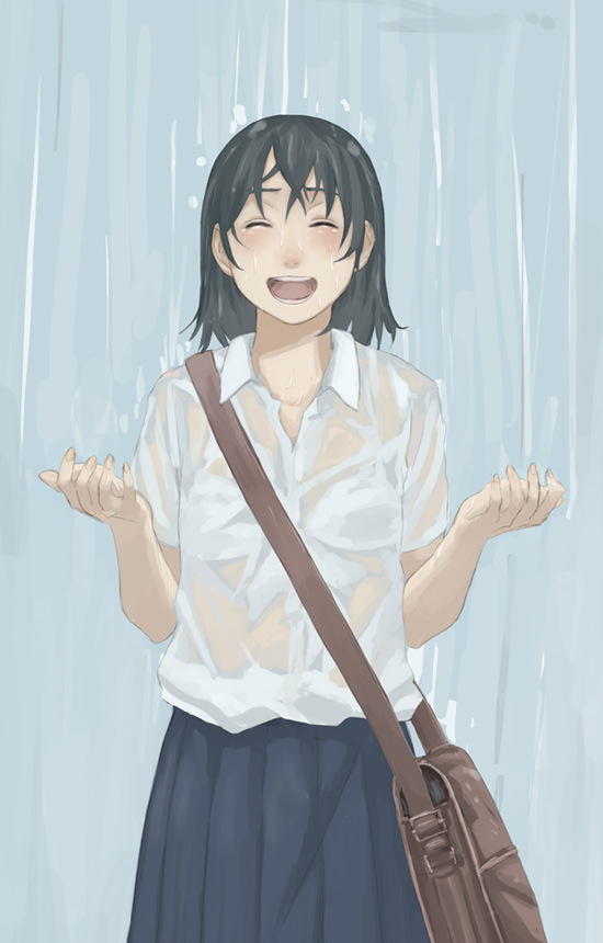 1girl original rain school_uniform serafuku solo takamichi tamaru_tokihiko wet wet_clothes