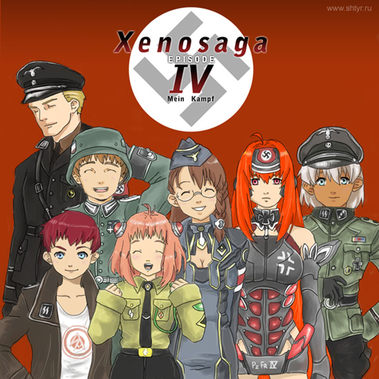 3girls 4boys allen_ridgeley blonde_hair brown_hair chaos chaos_(xenosaga) closed_eyes gaignun_kukai_jr. garrison_cap glasses hat helmet iron_cross jr. kos-mos m.o.m.o. military military_uniform multiple_boys multiple_girls nazi peaked_cap pink_hair red_eyes redhead shion_uzuki swastika uniform white_hair world_war_ii xeno_(series) xenosaga xenosaga_freaks ziggy