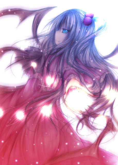 1girl aqua_hair backlighting blue_eyes bow capelet danmaku dress energy_ball female fingernails from_side hair_bobbles hair_ornament kasuga_sunao light light_particles long_hair mystic_square nail_polish open_hand outstretched_arm perspective red_dress red_nails shinki side_ponytail simple_background smile solo touhou very_long_hair white_background wings