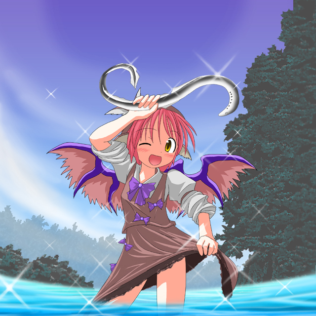 blush des eel female mystia_lorelei open_mouth outdoors ribbon sky touhou tree water wings wink yellow_eyes