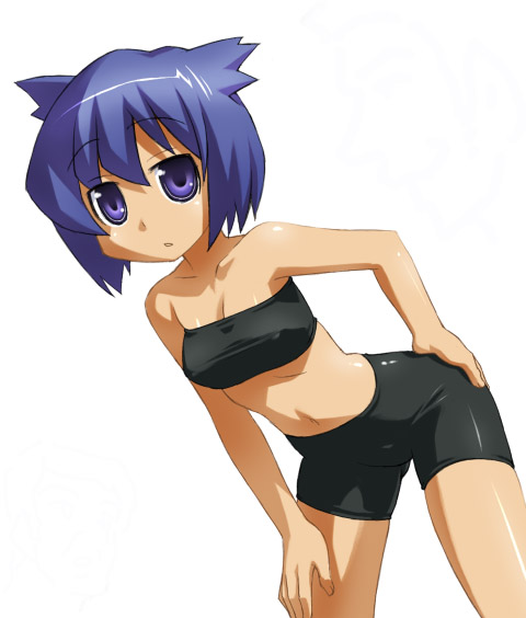 1girl armpits bare_arms bare_shoulders bent_over bike_shorts black_bra black_shorts blue_eyes blue_hair bra breasts cleavage closed_mouth cowboy_shot expressionless eyebrows eyebrows_visible_through_hair hand_on_hip looking_at_viewer pani_poni_dash! serizawa_akane short_hair short_shorts shorts simple_background solo spread_legs standing strapless tubetop umekichi underwear white_background