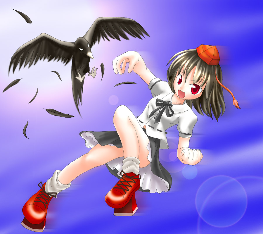 1girl bird des female geta hat looking_at_viewer shameimaru_aya solo tengu-geta touhou