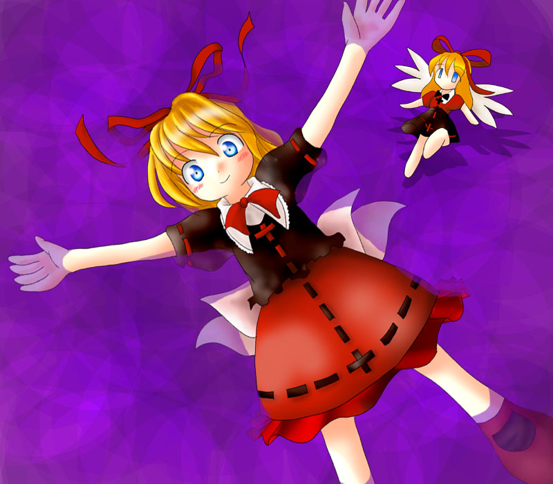 1girl blonde_hair bubble_skirt des female medicine_melancholy purple_background short_hair skirt solo su-san touhou