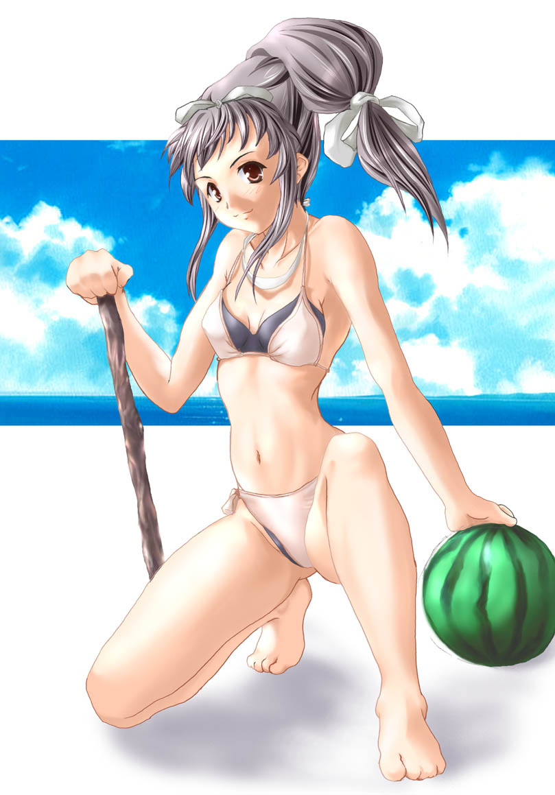 1girl barefoot beach bikini feet food fruit holding holding_fruit jpeg_artifacts soba_(saz) solo stick swimsuit watermelon