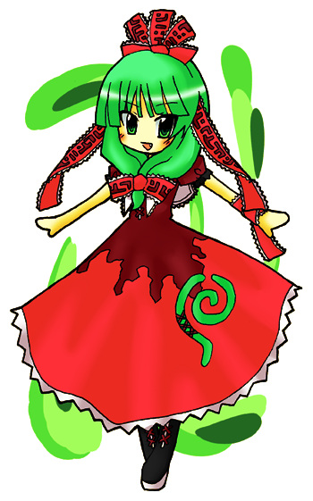 1girl black_boots blush boots cross-laced_footwear dress fang female front_ponytail full_body green_eyes green_hair hair_ribbon kagiyama_hina long_hair looking_at_viewer ngayope open_mouth red_dress red_ribbon ribbon simple_background smile solo standing touhou white_background