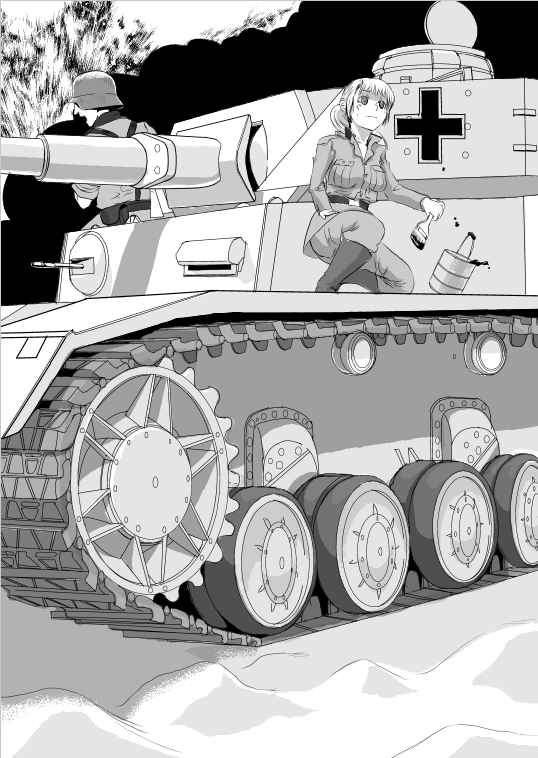1boy 1girl caterpillar_tracks ground_vehicle military military_vehicle monochrome motor_vehicle original panzerkampfwagen_iv pzkpfw_iv sasaki_toshiyuki tank vehicle world_war_ii
