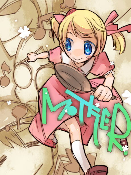 1boy 1girl ana_(mother) blonde_hair blue_eyes blush_stickers clover dress eighth_note four-leaf_clover frying_pan hair_ribbon inuinui lloyd_(mother) mother_(game) mother_1 musical_note ninten ribbon smile teddy_(mother) twintails