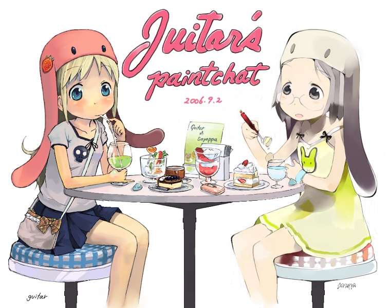 2girls ana_coppola animal_hat artist_name bag blonde_hair blue_eyes buttons cake cellphone chair child collaboration dated dessert dress drink drinking_straw eating food fruit glasses grey_eyes guitar_(artist) guitar_(guitars) handbag hat ice_tea ichigo_mashimaro kaede_(sayappa) multiple_girls pastry phone sakuragi_matsuri sayappa sipping sitting skirt straw strawberry table