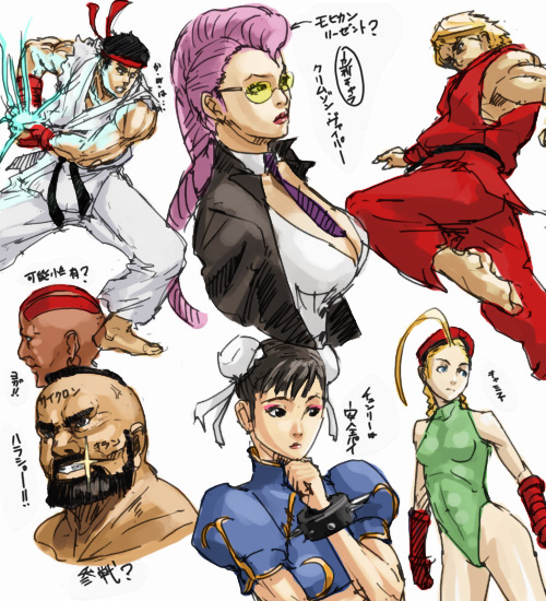 3girls 4boys between_breasts blonde_hair blue_eyes brown_eyes brown_hair bun_cover cammy_white capcom china_dress chinese_clothes chun-li crimson_viper dhalsim dress everyone eyeshadow ken_masters leotard long_hair makeup multiple_boys multiple_girls necktie necktie_between_breasts pompadour ryuu_(street_fighter) sketch street_fighter street_fighter_iv street_fighter_iv_(series) translation_request usatarou zangief