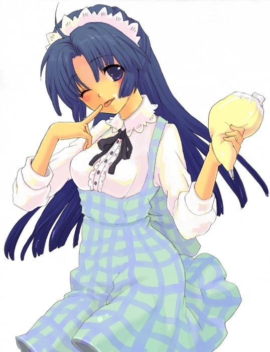 1girl ahoge asakura_ryouko blue_hair blush breasts dress finger_to_mouth large_breasts long_hair looking_at_viewer maid_headdress one_eye_closed pastry pastry_bag simple_background solo suzumiya_haruhi_no_yuuutsu tomako tongue tongue_out violet_eyes white_background