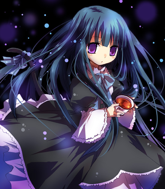 blue_hair dress drink frederica_bernkastel long_hair suzushiro_kurumi tail umineko_no_naku_koro_ni violet_eyes