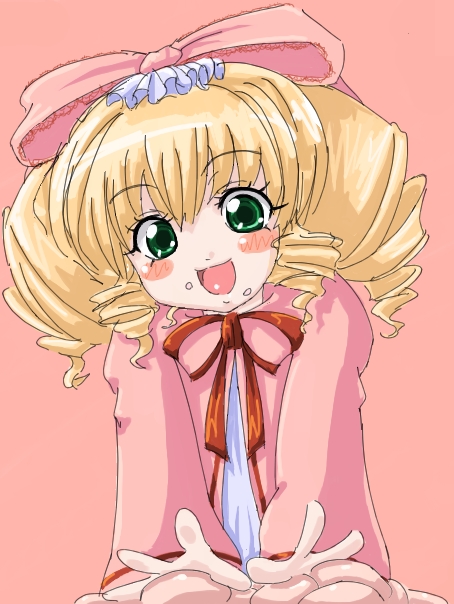 00s 1girl :d blonde_hair blush blush_stickers bow drill_hair green_eyes hair_bow hina_ichigo long_hair looking_at_viewer open_mouth pink_background pink_bow rozen_maiden simple_background smile solo