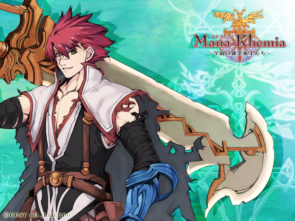 00s 1boy 2007 alchemy aqua_background atelier_(series) flay_gunnar gust male_focus mana_khemia mana_khemia_(series) official_art solo sword wallpaper weapon yoshizumi_kazuyuki