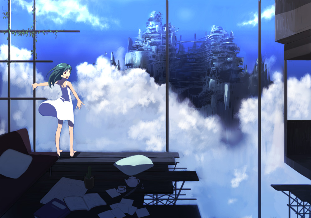 1girl bad_id bare_shoulders book cactus city cityscape clouds couch cup dress green_hair kawamura_rakunan kawamura_rukanan looking_at_viewer looking_back outstretched_arms paper pillow quill ruins scenery sky smile solo spread_arms sundress teacup teapot
