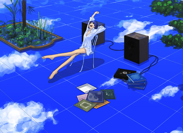 1girl blue chair clouds kawamura_rakunan kawamura_rukanan naked_shirt plant reflection shirt solo speaker stretch