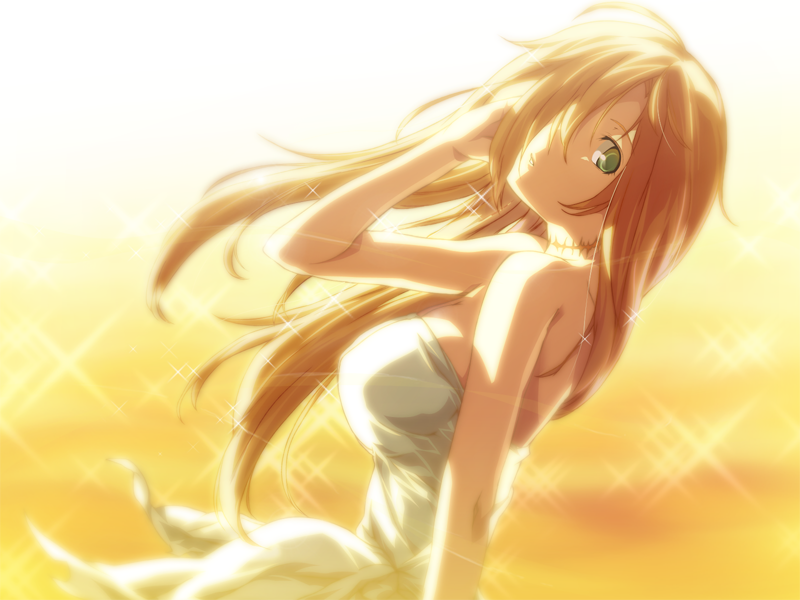 1girl blonde_hair breasts dies_irae dress g_yuusuke game_cg green_eyes hair_over_one_eye large_breasts long_hair marie marie_(dies_irae) scar solo sunlight