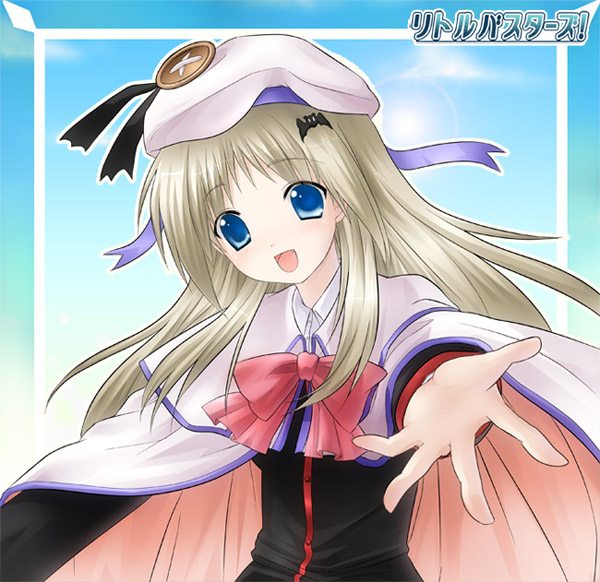 1girl 6u_(eternal_land) blue_eyes bow buttons cape hat kiyu large_buttons little_busters!! long_hair noumi_kudryavka pink_bow silver_hair solo