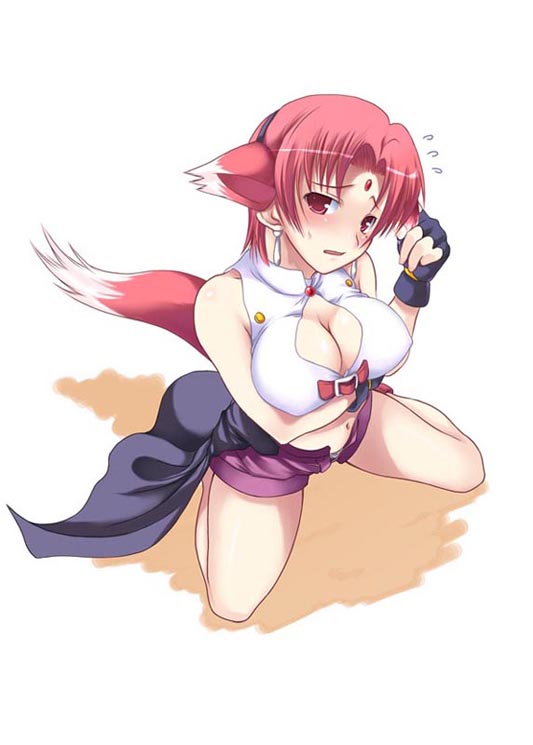 1girl animal_ears arf breast_hold breasts cleavage fox_ears kneeling large_breasts lyrical_nanoha mahou_shoujo_lyrical_nanoha mahou_shoujo_lyrical_nanoha_a's redhead soba_(saz) solo tail