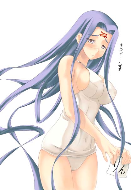 1girl breasts fate/stay_night fate_(series) long_hair one-piece_swimsuit rider school_swimsuit sideboob simple_background skin_tight soba_(saz) solo swimsuit translated very_long_hair white_school_swimsuit white_swimsuit