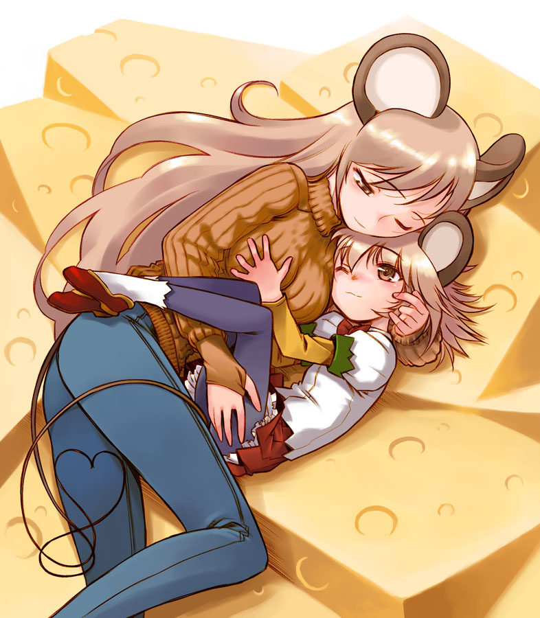 2girls age_difference animal_ears bad_id breast_grab breasts brown_eyes cheese denim food grabbing hug jeans lying medium_breasts mother_and_daughter mouse_ears multiple_girls nakamura_tetsuya on_side one_eye_closed orange_shirt pants pantyhose ribbed_sweater shirt sweater tail turtleneck wink