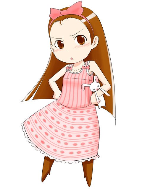 1girl armpits bare_shoulders bow brown_hair chibi collarbone dress hair_bow hairband holding idolmaster long_hair looking_at_viewer minase_iori pink_dress red_bow red_eyes sleeveless sleeveless_dress solo stuffed_animal stuffed_bunny stuffed_toy takehito very_long_hair