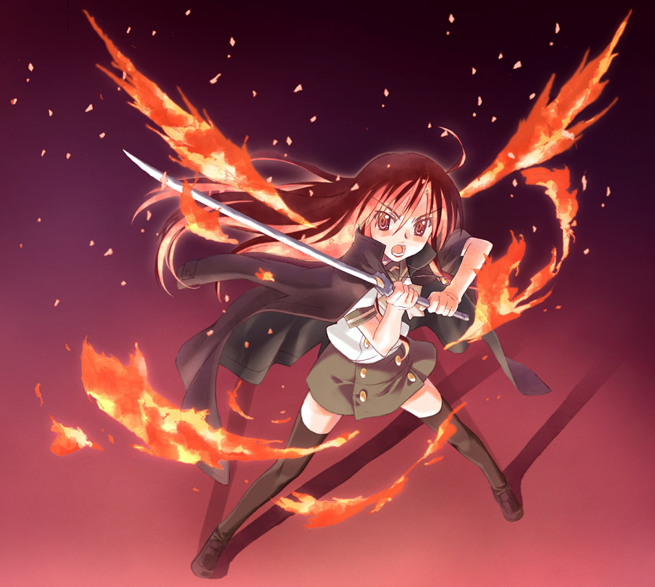 1girl alastor_(shakugan_no_shana) battle fiery_wings fighting fire jewelry pendant redhead shakugan_no_shana shana sword thigh-highs weapon wings