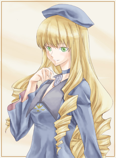 1girl adilisia_lenn_mathers bangs beret blonde_hair blunt_bangs blush drill_hair finger_to_mouth green_eyes hat long_hair long_sleeves rental_magica solo takano_natsuki thinking uniform very_long_hair