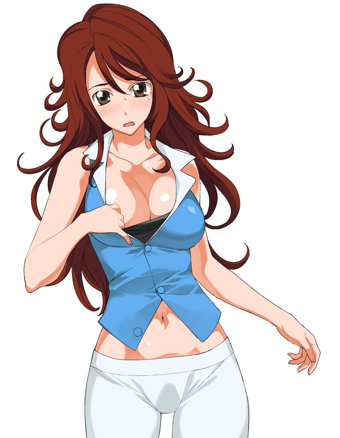 1girl a1 breasts brown_eyes brown_hair cleavage gundam gundam_00 long_hair midriff navel solo sumeragi_lee_noriega