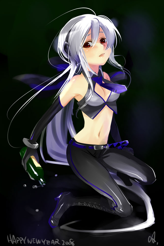 00s 1girl 2008 albino bottle breasts caffein cleavage elbow_gloves gloves long_hair midriff necktie new_year red_eyes solo vocaloid voyakiloid white_hair yowane_haku