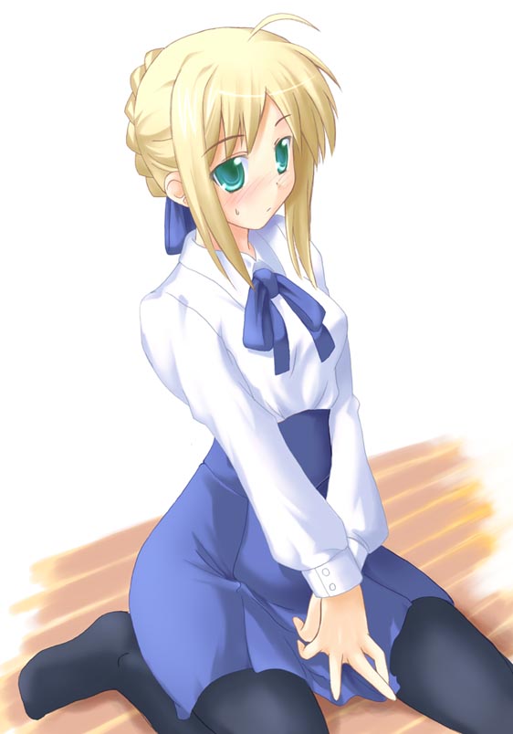 blonde_hair blouse blue_legwear fate/stay_night fate_(series) green_eyes kneeling pantyhose saber soba_(saz)