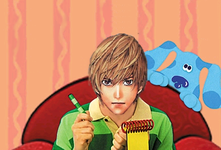 1boy blue blue's_clues blue_(blue's_clues) couch crayon crossover death_note dog lowres male_focus notebook parody photoshop red_upholstery solo steve_(blue's_clues) upper_body yagami_light