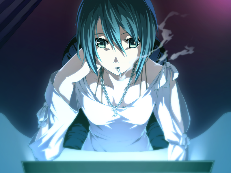 1girl blue_hair chains cigarette computer dies_irae g_yuusuke game_cg green_eyes honjou_erii jewelry monitor necklace short_hair sitting smoking solo