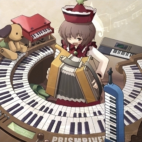 1girl accordion brown_eyes brown_hair dog female hat instrument keyboard keyboard_(instrument) lowres lyrica_prismriver melodica music musical_note piano sakura_(medilore) short_hair solo staff_(music) touhou toy