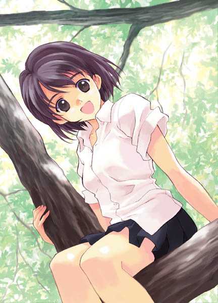 1girl black_hair in_tree matsumoto_noriyuki nature shirt short_hair sitting sitting_in_tree solo tree