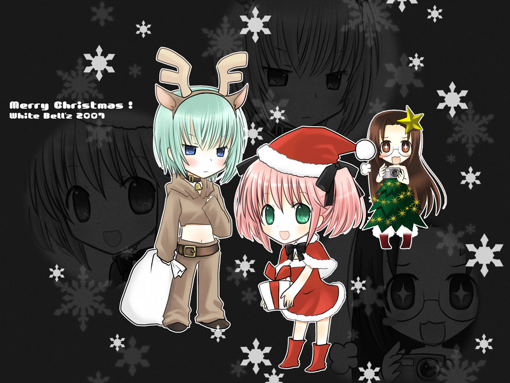 +_+ animal_costume camera christmas christmas_tree iwasaki_minami kobayakawa_yutaka lucky_star midriff reindeer reindeer_costume santa_costume shima_yukiwa snowflakes tamura_hiyori