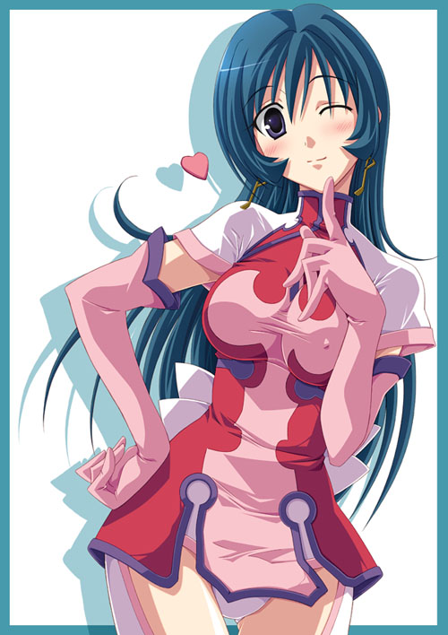 1girl black_hair blush breasts dress elbow_gloves erect_nipples gloves hand_on_hip heart izumi_mahiru kotona_elegance long_hair looking_at_viewer one_eye_closed panties pantyshot pink_gloves shirt short_dress solo taut_clothes taut_shirt underwear very_long_hair violet_eyes wink zoids zoids_genesis