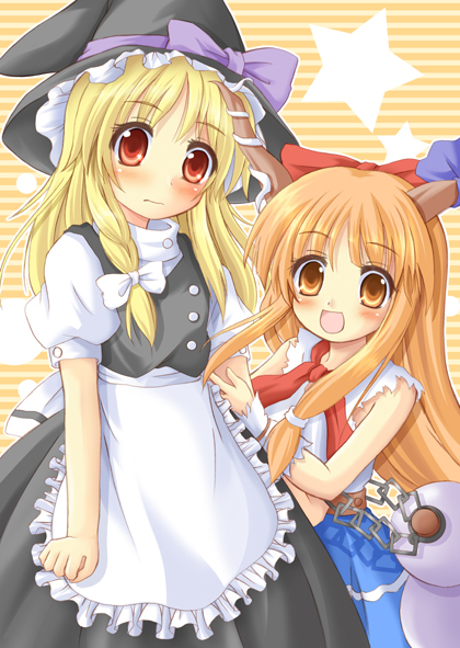 2girls :d apron black_dress blonde_hair blush bow bowtie brown_eyes buttons chains closed_mouth dress eyebrow_piercing female frown gourd hair_bow hat hat_bow horns ibuki_suika kirisame_marisa long_hair looking_at_viewer looking_back multiple_girls open_mouth orange_hair piercing red_bow red_bowtie red_eyes simple_background smile standing star striped striped_background tareme touhou very_long_hair waist_apron witch_hat