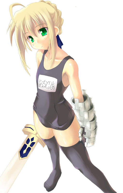 fate/stay_night fate_(series) gauntlets name_tag one-piece_swimsuit saber school_swimsuit soba_(saz) swimsuit sword thigh-highs weapon