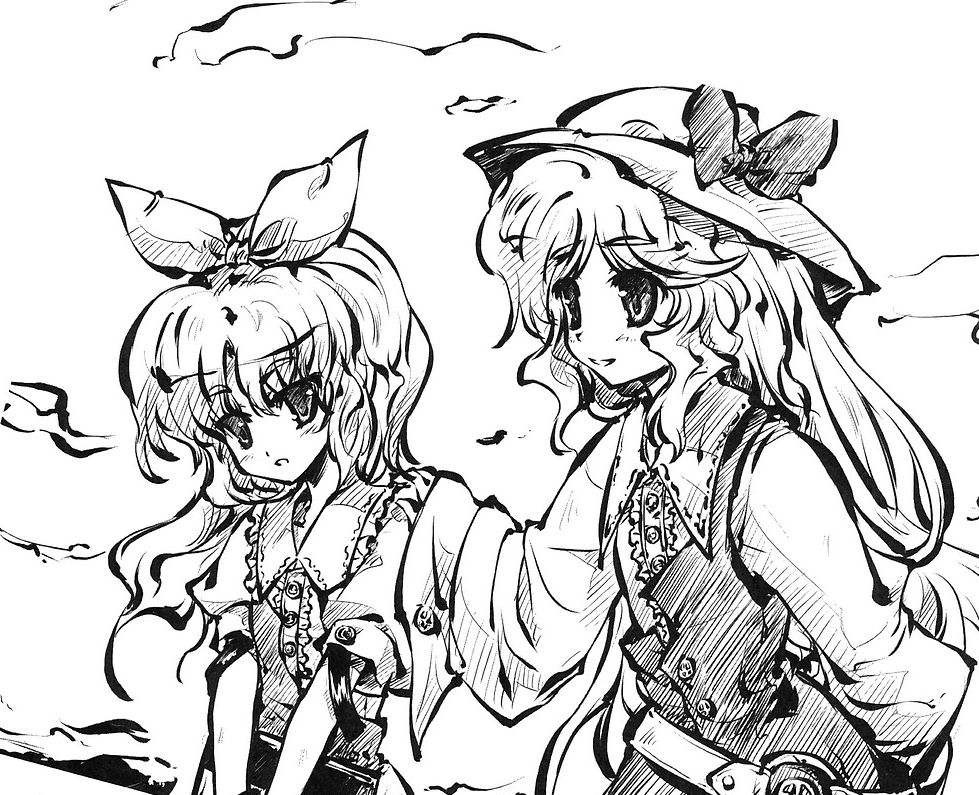 2girls :o belt blush buttons cage_in_lunatic_runagate capelet dress female hair_ribbon hairband hand_on_another's_shoulder hat long_sleeves monochrome multiple_girls parted_lips puffy_short_sleeves puffy_sleeves ribbon short_sleeves tokiame touhou upper_body watatsuki_no_toyohime watatsuki_no_yorihime