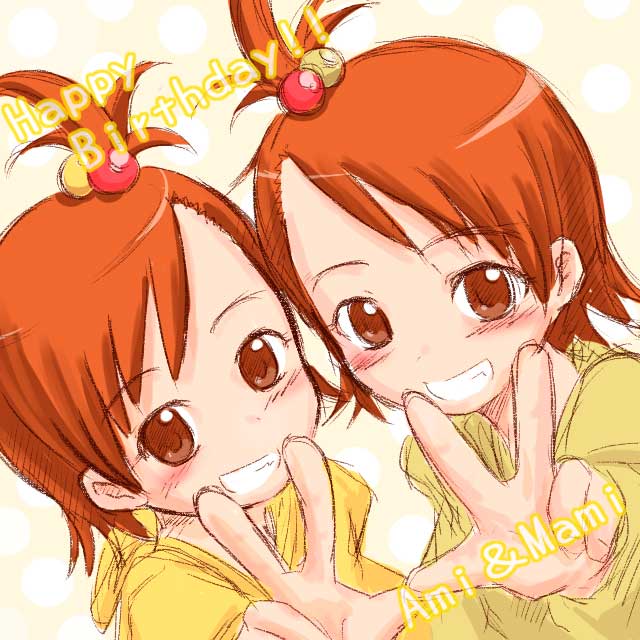 2girls futami_ami futami_mami idolmaster multiple_girls siblings sisters sketch smile takehito twins v